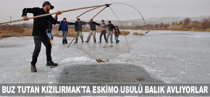 Buz tutan Kızılırmak'ta Eskimo usulü balık avlıyorlar
