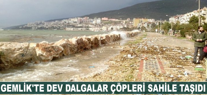 Gemlik'te dev dalgalar çöpleri sahile taşıdı