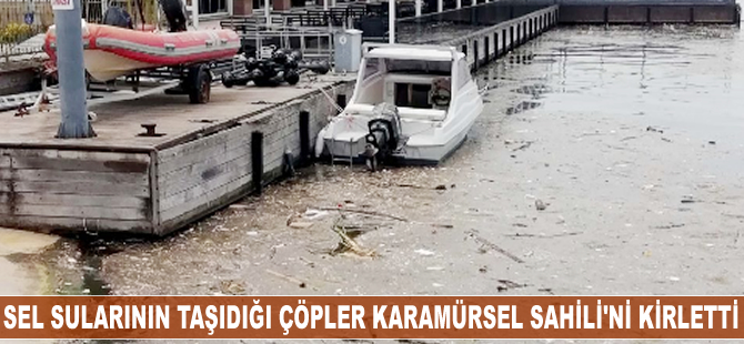 Sel sularının taşıdığı çöpler Karamürsel Sahili'ni kirletti