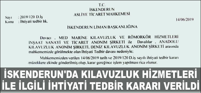 İskenderun Körfezi"nde Kılavuzluk Hizmetlerine İhtiyatı Tedbir Kararı verildi