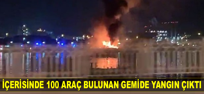 BAE'de içerisinde 100 araç bulunan gemide yangın çıktı
