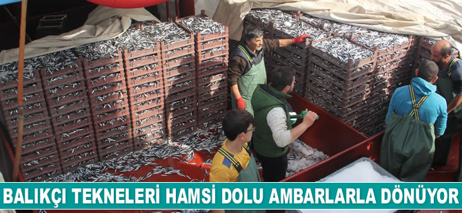 Balıkçı tekneleri hamsi dolu ambarlarla limana dönüyor