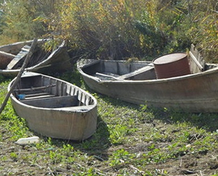 Eber Gölü'nde sular çekilince batık tekneler de gün yüzüne çıktı