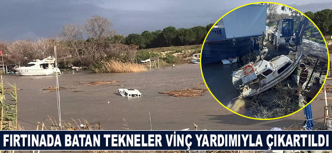 Fırtınada batan tekneler vinç yardımıyla çıkartıldı