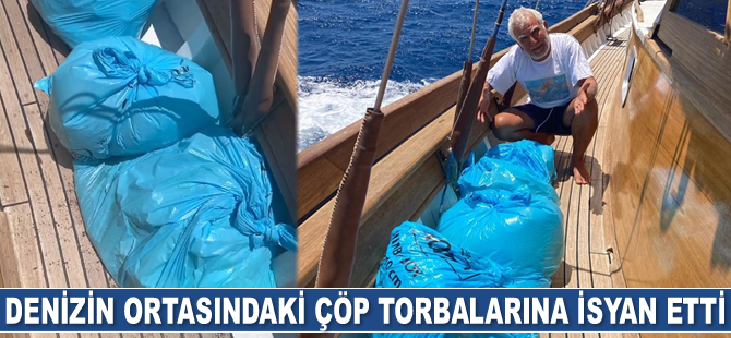 Son süngerci Aksona Mehmet, denizin ortasındaki çöp torbalarına isyan etti