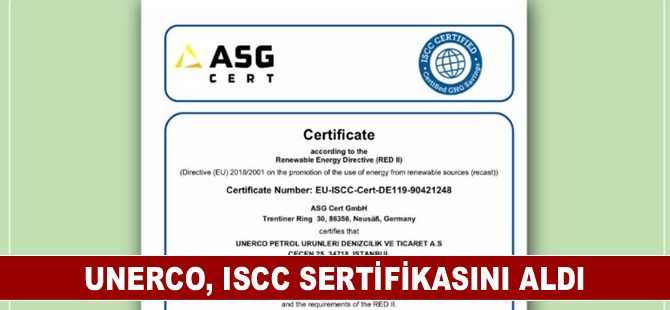 UNERCO, ISCC sertifikasını aldı