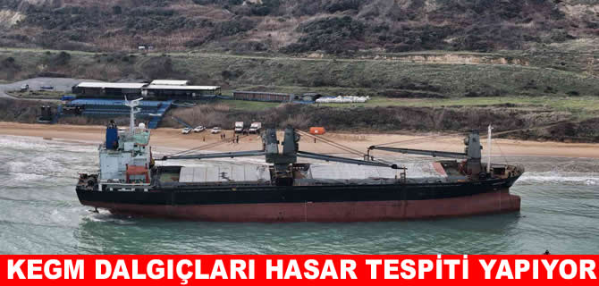 Sarıyer’de karaya oturan gemide hasar tespiti yapılıyor
