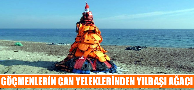 Midilli'de mültecilerin can yeleklerinden yılbaşı ağacı
