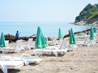 Akçakoca'da selde denize sürüklenen ağaç parçaları temizleniyor